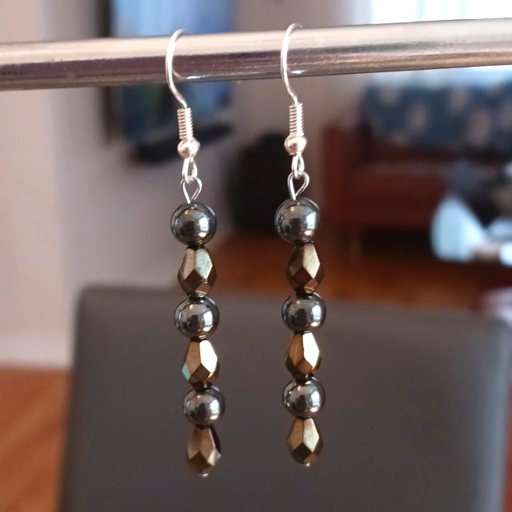 Handmade Black and Bronze Czech Glass and Hematite Beaded Earrings - New Item